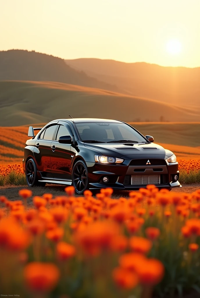 4 k image, paisaje, late afternoon, yellow sun, blur in the background. With a black LANCER EVO, on a flower field