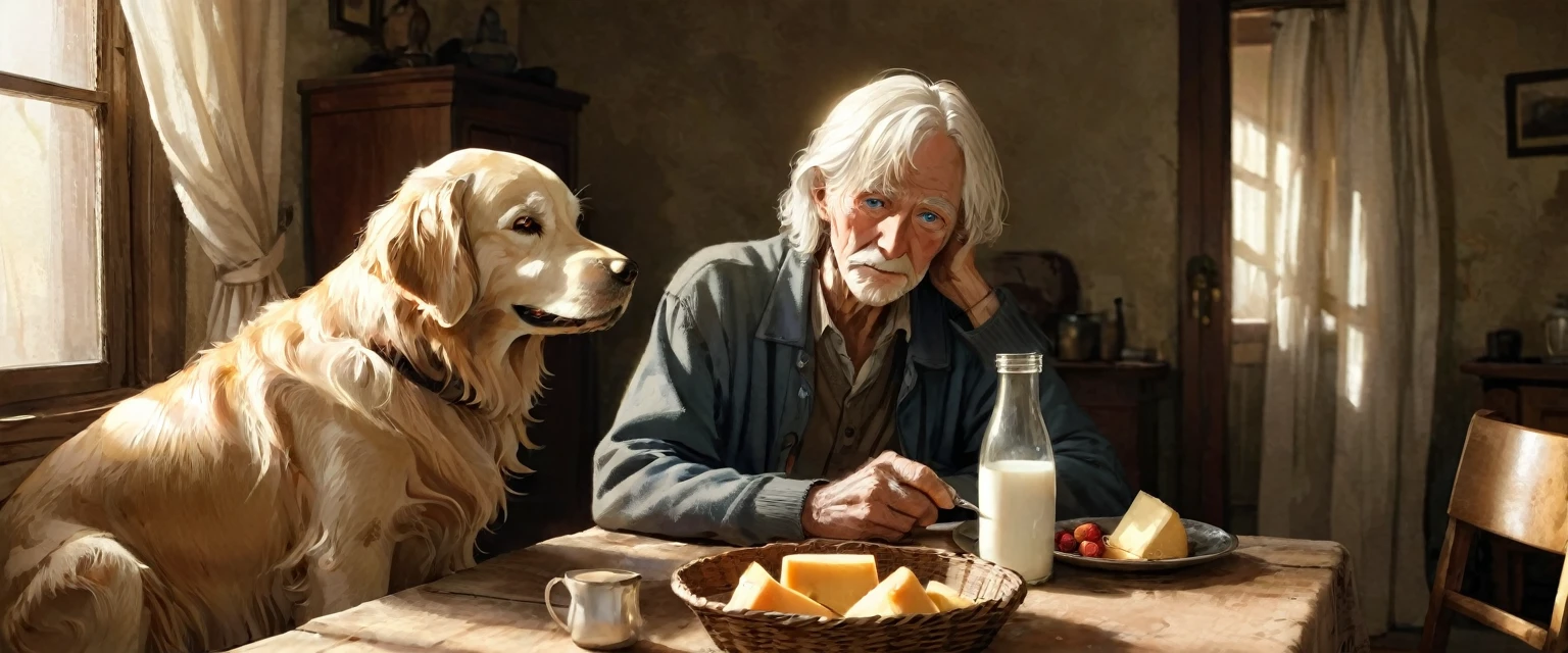 A medium-sized golden retriever with a clean, shiny golden coat and soft, floppy ears, sits beside an elderly man in a grand, dimly lit room inside a large, old house. The dog has large, expressive brown eyes filled with contentment as it watches the old man. The man, with a gaunt, frail appearance, has thin, white hair and a deeply wrinkled face. His skin is still pale, but his tired blue eyes now reflect a sense of relief and satisfaction. They are seated at a small wooden table, sharing a meal from a basket filled with cheese, fruits, and a carton of milk. The room is filled with antique furniture, and the curtains remain drawn, allowing a soft, warm light to filter in, creating a peaceful and comforting atmosphere. The dog sits close to the man, occasionally looking up with a gentle expression, as they enjoy the simple meal together in the quiet, cozy room.