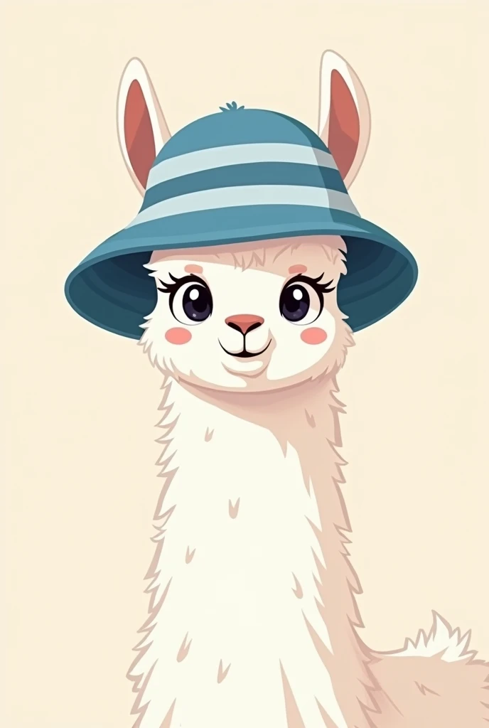 llama wearing a stripped blue and white bucket hat with stripes going vertical and looks cartoonish only neck and up