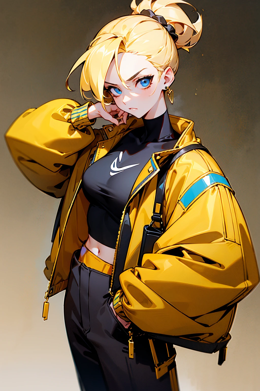 1female, blonde hair, messy updo, blue eyes, detailed eyes, serious expression, black croptop, baggy bright red and gold sports jacket, baggy black pants, dangling gold earrings, , simple foggy background, hands to side, standing on path, detailed face