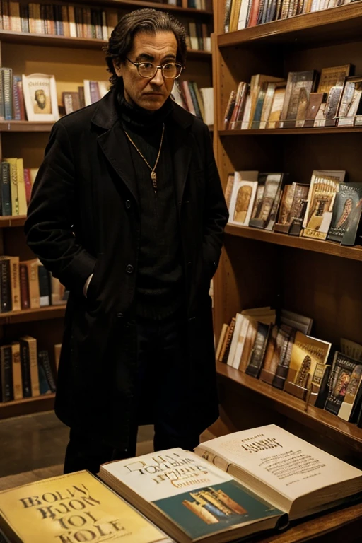 A scene in a bookstore, where some books stand out on shiny golden shelves (representing dominant literary styles), while other books, more modest and with duller covers, They are on less visible shelves. A figure in the shadow (The critic) He looks disapprovingly at the golden books, representing Bolaño's criticism of conformist styles.