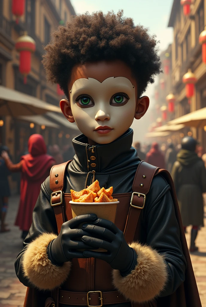At a masquerade party in the medieval city, a black boy, with green eyes, short afro hair, with a white mask without a mouth or nose, in beaten leather, with ??? gloves, and furry boots, holds his snack