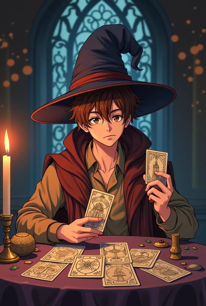 Young man with brown hair dressed as a wizard sitting at a table with tarot, in his left hand a tarot card, アニメ,gypsy person