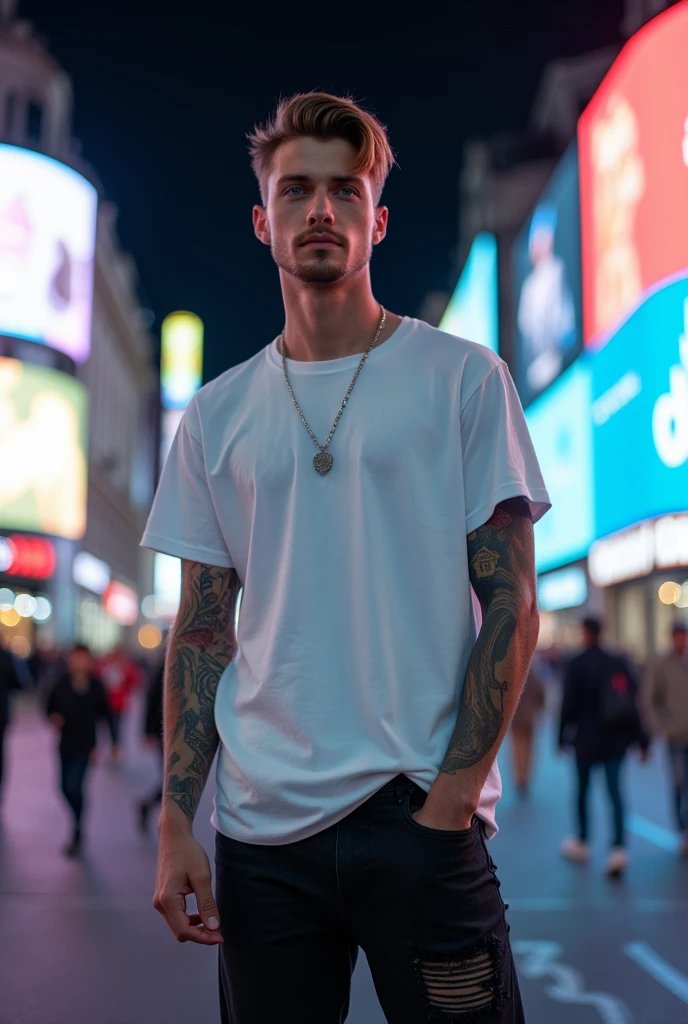Tall Swedish Man 1,92 tall, age 26. Caucasian White. Looks like Bill Skarsgard. stylish short hair, vintage. tattoos on the body. BIG BLUE EYES. sem beard. Wearing an oversized white t-shirt, oversized. Ripped black jeans. In front of Picadilly Circus, london at night