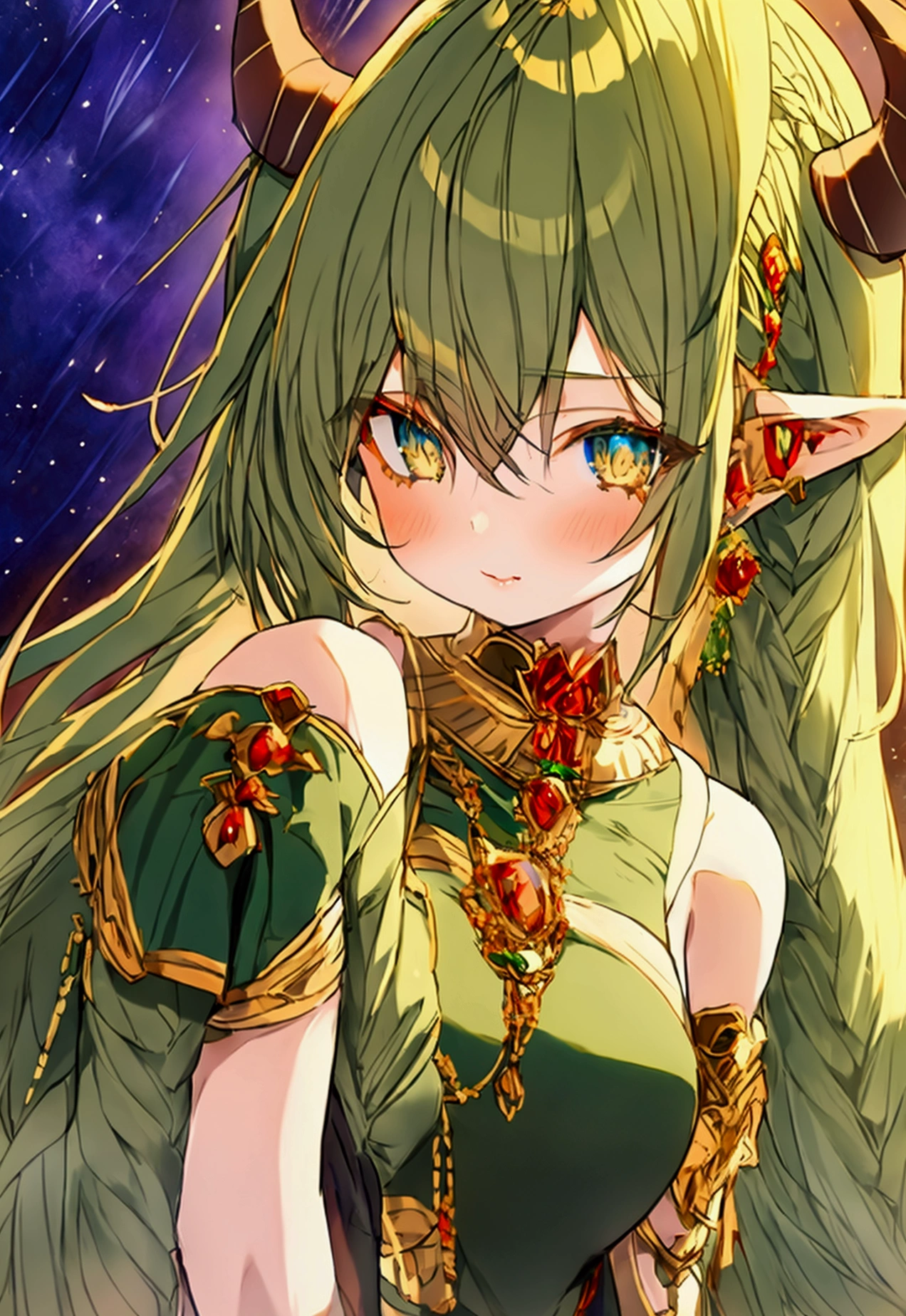 solo female,Young ???,Bright green long hair, red shawl, Elf ears and tiger ears,yellow eyes,Tiger tail,Mint green dress