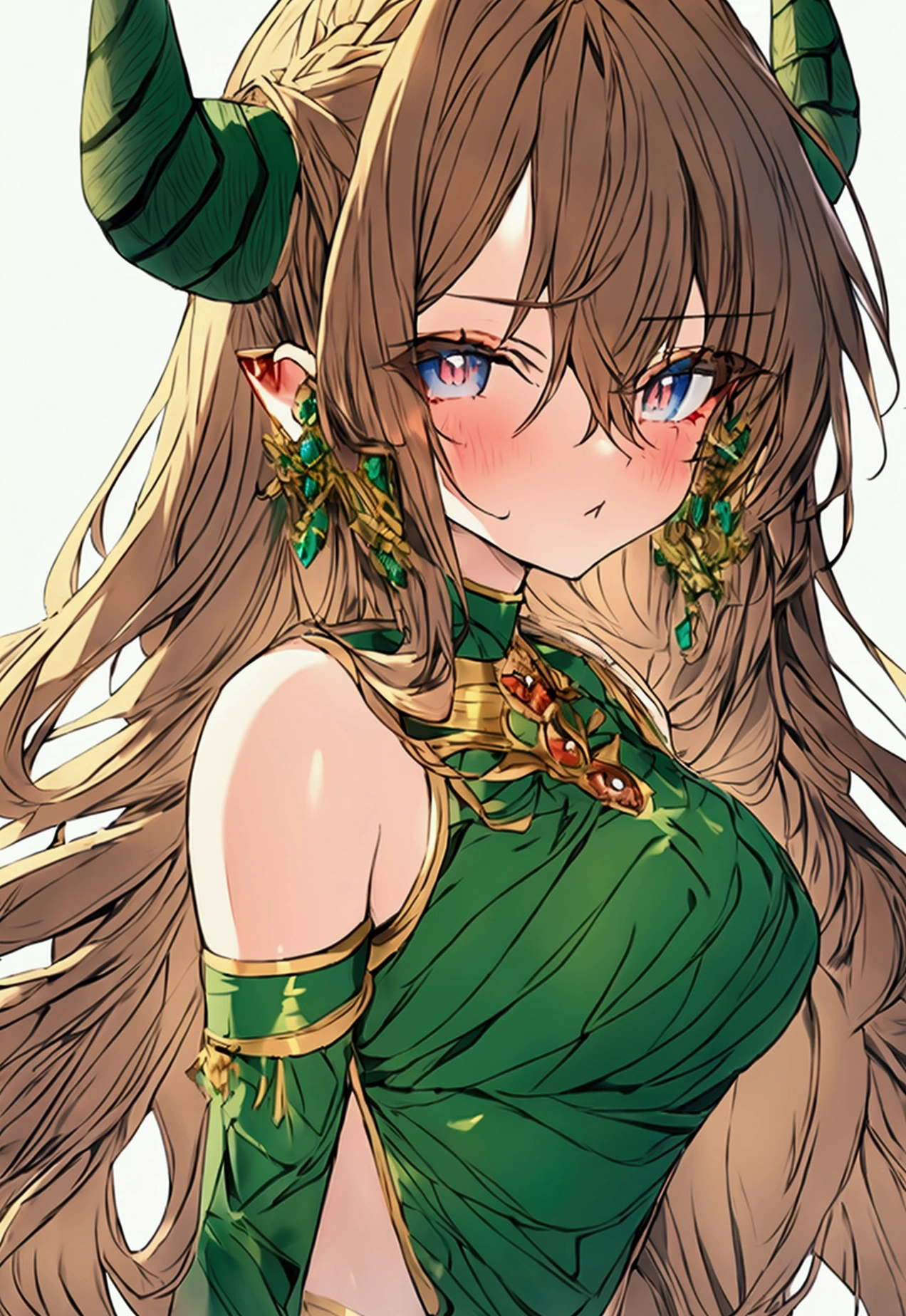 anime girl, brown hair and emerald colored eyes. dragon horns, high, Confident look and expression, toned body 