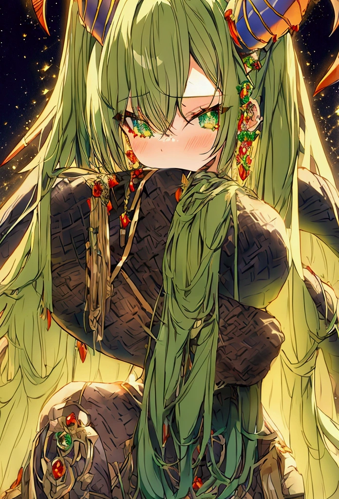 anime girl, brown hair and emerald colored eyes. dragon horns, high, Confident look and expression, toned body
