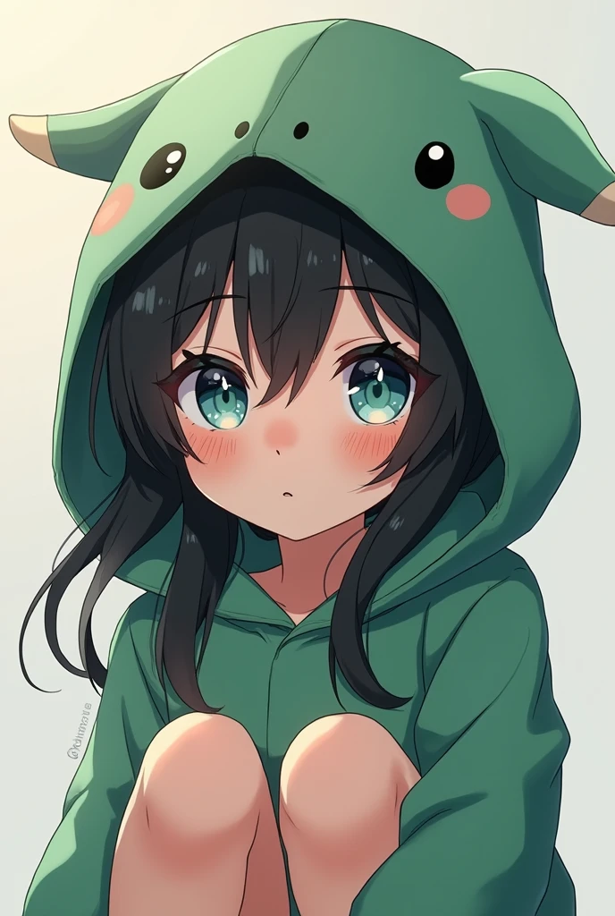 a long black-haired, teal blue-eyed anime boy, wearing a cute green animal hoodie, cover head, long black hair, shy, blush, front view, knees down, overlook, beautiful, masterpiece, best quality,