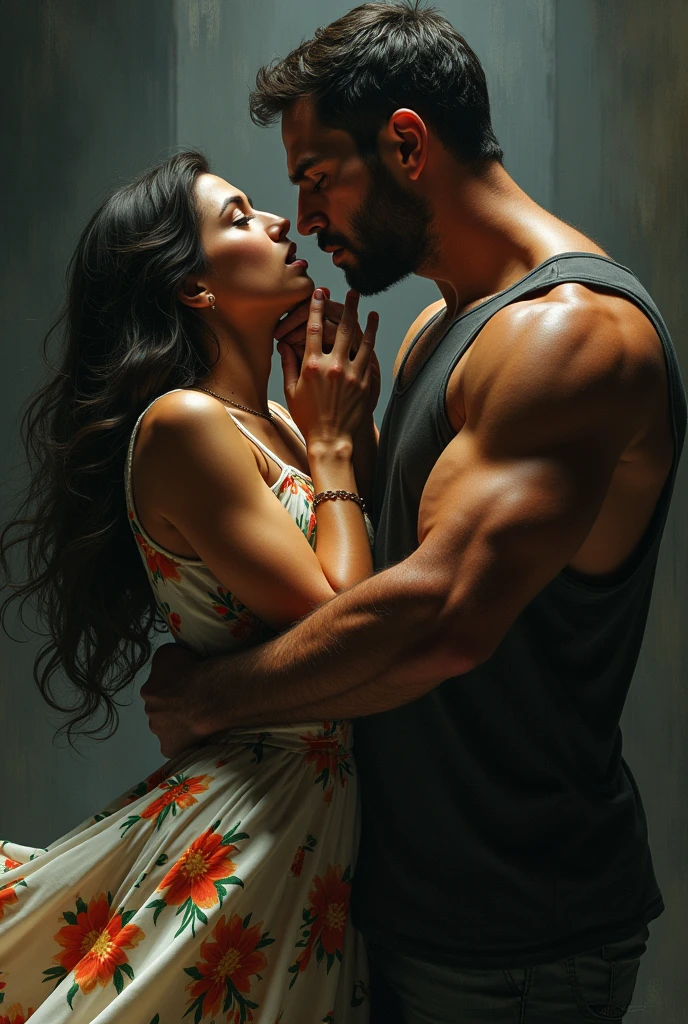 A WOMAN LOOKING LIKE LAHNA ROHADES IN A FLOWER DRESS AND A TALL MAN WITH BROWN HAIR GRABKING THE WOMAN BY THE JAW WITH HIS VEINY HANDS