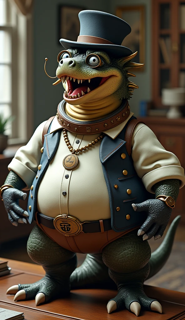 Dragon, leather collar, white rubber gloves on hands and feet, white spats on feet, fat, bulging belly, large belly, (high quality,4k,8k,highres,masterpiece:1.2),ultra-detailed,(realistic,photorealistic,photo-realistic:1.37), masterpiece,(intricate details), captivating artwork, artistically rendered, masterful strokes, attention to detail, tasteful composition, alluring charm, careful shading, great attention to anatomy, meticulous rendering, impeccable craftsmanship, vivid colors, perfect balance between realism and fantasy. Solo, Male, fat, squatting, extremely obese, gentleman, dapper Professor Dragon, bulging belly, large belly, blue eyes, (posing:1.3), (soft shading), 4k, hi res, ((detailed face, detailed)), looking at viewer, mouth wide open, steampunk, office, collared shirt with buttons, top hat, male focus, Explorer Outfit, glasses, monocle, vest with buttons, sleeves rolled up, round eyewear, brown headwear, brown vest, Dragon is wearing a glossy leather dog collar around the neck, Dragon is wearing the leather collar and shirt and vest at the same time, Dragon is wearing glossy white rubber gloves on the hands, wearing white rubber gloves on the feet, gloves are rubber in texture, clenching teeth, clenching fists, leather collar is glossy and shiny with a lot of detail, Dragon is wearing gloves and leather collar at the same time, leather collar has a round dog-tag, leather collar is thick and detailed.