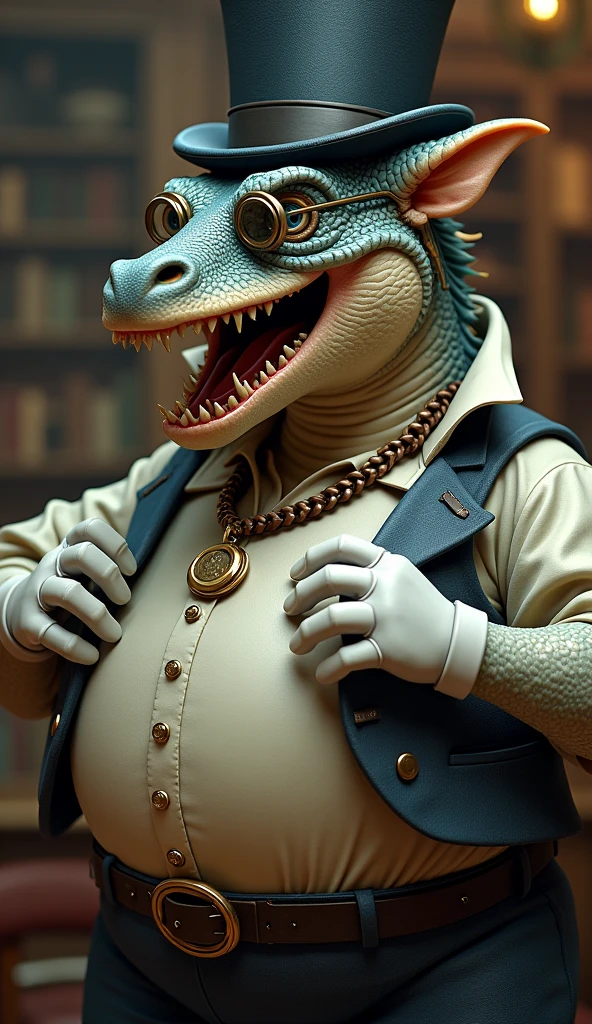 Dragon, leather collar, white rubber gloves on hands and feet, white spats on feet, fat, bulging belly, large belly, (high quality,4k,8k,highres,masterpiece:1.2),ultra-detailed,(realistic,photorealistic,photo-realistic:1.37), masterpiece,(intricate details), captivating artwork, artistically rendered, masterful strokes, attention to detail, tasteful composition, alluring charm, careful shading, great attention to anatomy, meticulous rendering, impeccable craftsmanship, vivid colors, perfect balance between realism and fantasy. Solo, Male, fat, squatting, extremely obese, gentleman, dapper Professor Dragon, bulging belly, large belly, blue eyes, (posing:1.3), (soft shading), 4k, hi res, ((detailed face, detailed)), looking at viewer, mouth wide open, steampunk, office, collared shirt with buttons, top hat, male focus, Explorer Outfit, glasses, monocle, vest with buttons, sleeves rolled up, round eyewear, brown headwear, brown vest, Dragon is wearing a glossy leather dog collar around the neck, Dragon is wearing the leather collar and shirt and vest at the same time, Dragon is wearing glossy white rubber gloves on the hands, wearing white rubber gloves on the feet, gloves are rubber in texture, clenching teeth, clenching fists, leather collar is glossy and shiny with a lot of detail, Dragon is wearing gloves and leather collar at the same time, leather collar has a round dog-tag, leather collar is thick and detailed.