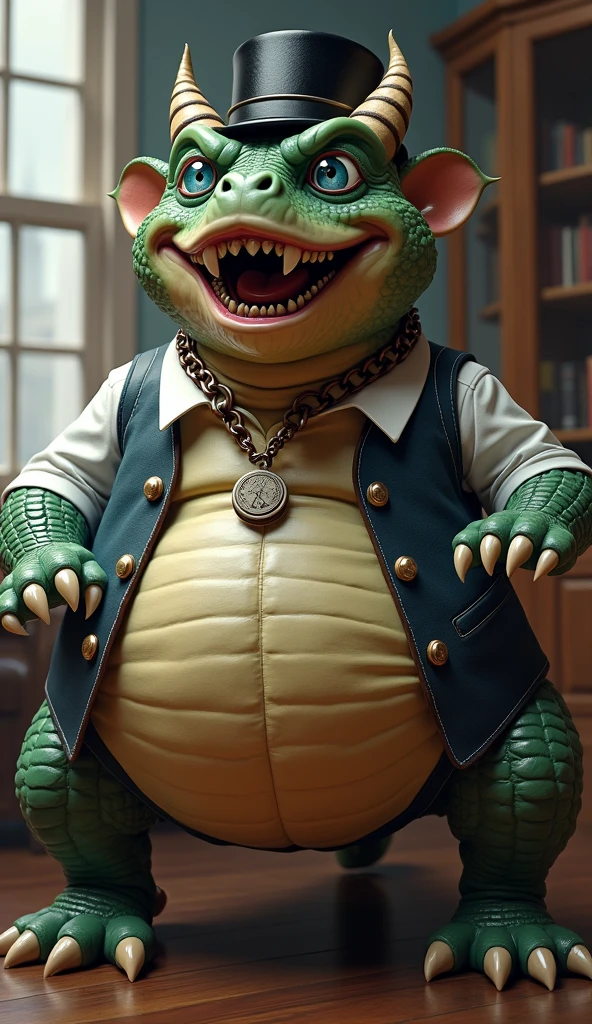 Dragon, leather collar, white rubber gloves on hands and feet, white spats on feet, fat, bulging belly, large belly, (high quality,4k,8k,highres,masterpiece:1.2),ultra-detailed,(realistic,photorealistic,photo-realistic:1.37), masterpiece,(intricate details), captivating artwork, artistically rendered, masterful strokes, attention to detail, tasteful composition, alluring charm, careful shading, great attention to anatomy, meticulous rendering, impeccable craftsmanship, vivid colors, perfect balance between realism and fantasy. Solo, Male, fat, squatting, extremely obese, gentleman, dapper Professor Dragon, bulging belly, large belly, blue eyes, (posing:1.3), (soft shading), 4k, hi res, ((detailed face, detailed)), looking at viewer, mouth wide open, steampunk, office, collared shirt with buttons, top hat, male focus, Explorer Outfit, glasses, monocle, vest with buttons, sleeves rolled up, round eyewear, brown headwear, brown vest, Dragon is wearing a glossy leather dog collar around the neck, Dragon is wearing the leather collar and shirt and vest at the same time, Dragon is wearing glossy white rubber gloves on the hands, wearing white rubber gloves on the feet, gloves are rubber in texture, clenching teeth, clenching fists, leather collar is glossy and shiny with a lot of detail, Dragon is wearing gloves and leather collar at the same time, leather collar has a round dog-tag, leather collar is thick and detailed.