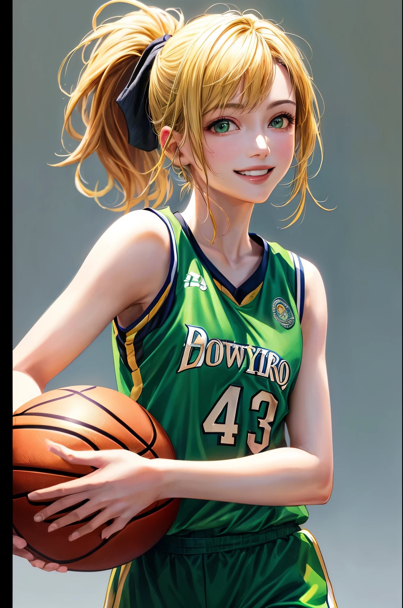 (((Highest quality、8k、32K、masterpiece)))、(Realistic)、(Realistic:1.2)、(High resolution)、Very detailed、Very beautiful face and eyes、1 person、Round and small face、Tight waist、Delicate body、(close、Highest quality、Attention to detail、Rich skin detail)、(Highest quality、8k、Oil paints:1.2)、Very detailed、(Realistic、Realistic:1.37)、Bright colors、(((Blonde)))、(((Cowboy Shot)))、(((short hair)))、(((Ponytail Hair)))、(((Pure white wall background)))、(((Wearing a basketball uniform)))、(((green basketball outfit)))、(((smile)))、(((1 female)))、(((Tank top style uniform)))