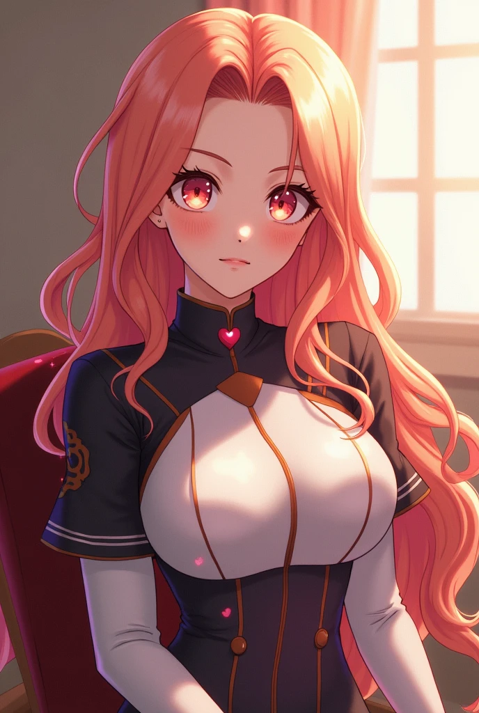 She has very long wavy peach colored hair very low, Her eyes are light pink and she also has a heart ring on her fingers and wears the UA uniform. (my hero academia) and she is sitting on a chair.