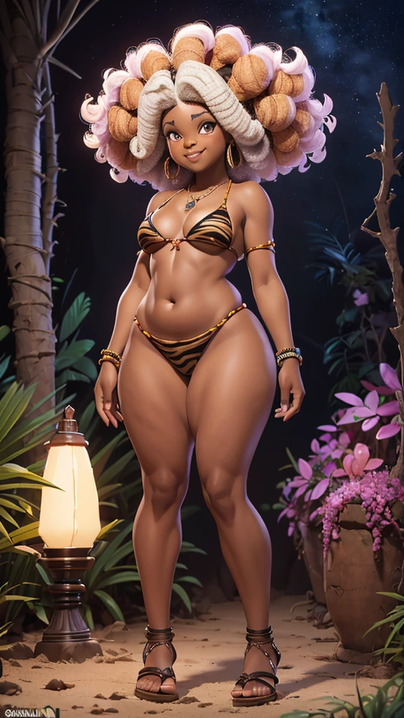 (((Jackie Parris))), (((Simon Bisley))), (((Frank Frazetta))), ((((absurdists))), (((best quality))), (((masterpiece))), (((thicc))), (((afro hair))), small, chubby, wide hipped, African girl, flat chest, Zulu warrior of the middle ages, white war paintings on body, perfect and proportional body, zebra print, big black afro hair, black-skinned savanna warrior wearing very few clothes and many necklaces and body adornments, tiny pink bikini made of African beads and gemstones, sandals, smiling,, rainbow, crystal, cave, bioluminescent, glowing