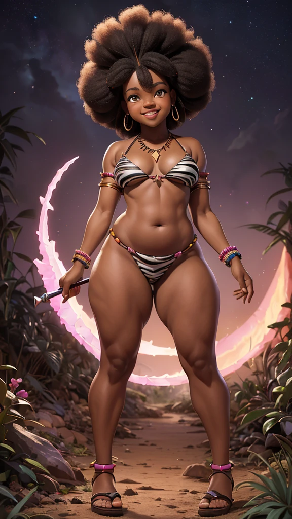 (((Jackie Parris))), (((Simon Bisley))), (((Frank Frazetta))), ((((absurdists))), (((best quality))), (((masterpiece))), (((thicc))), (((afro hair))), small, chubby, wide hipped,  African girl, flat chest, Zulu warrior of the middle ages, white war paintings on body, perfect and proportional body, zebra print, big black afro hair, black-skinned savanna warrior wearing very few clothes and many necklaces and body adornments, tiny pink bikini made of African beads and gemstones, sandals, smiling,, rainbow, crystal, cave, bioluminescent, glowing