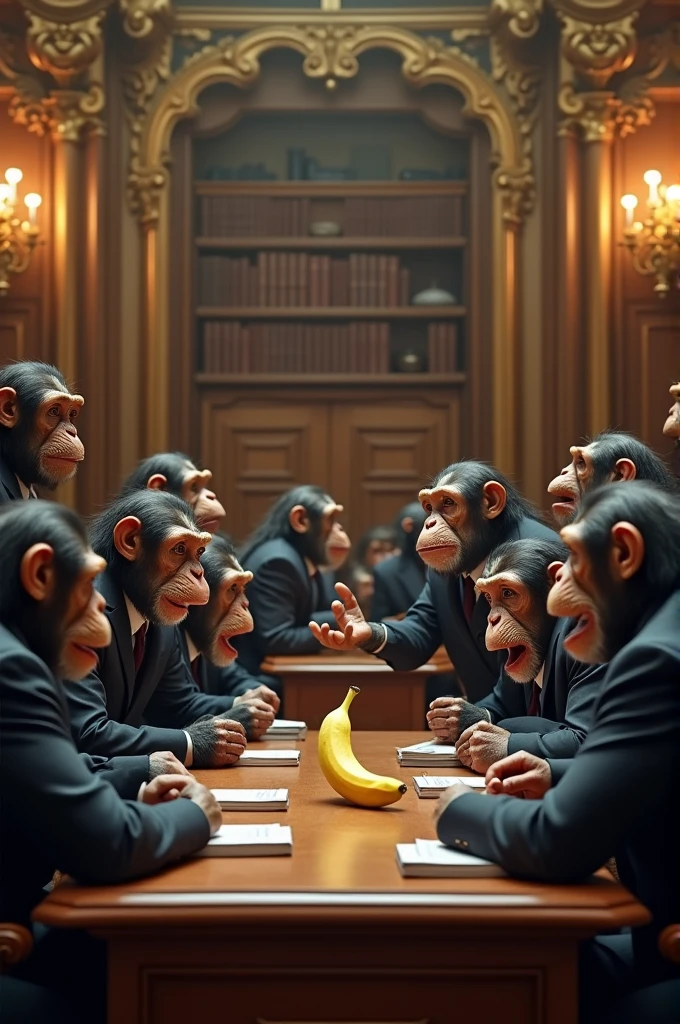 German chimpanzees sitting in parliament and arguing about a banana