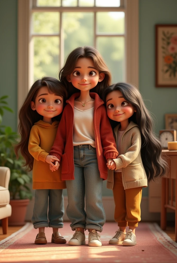 Pixar image of a 40-year-old woman accompanied by her two adult daughters, one with brown hair and the other with black hair
