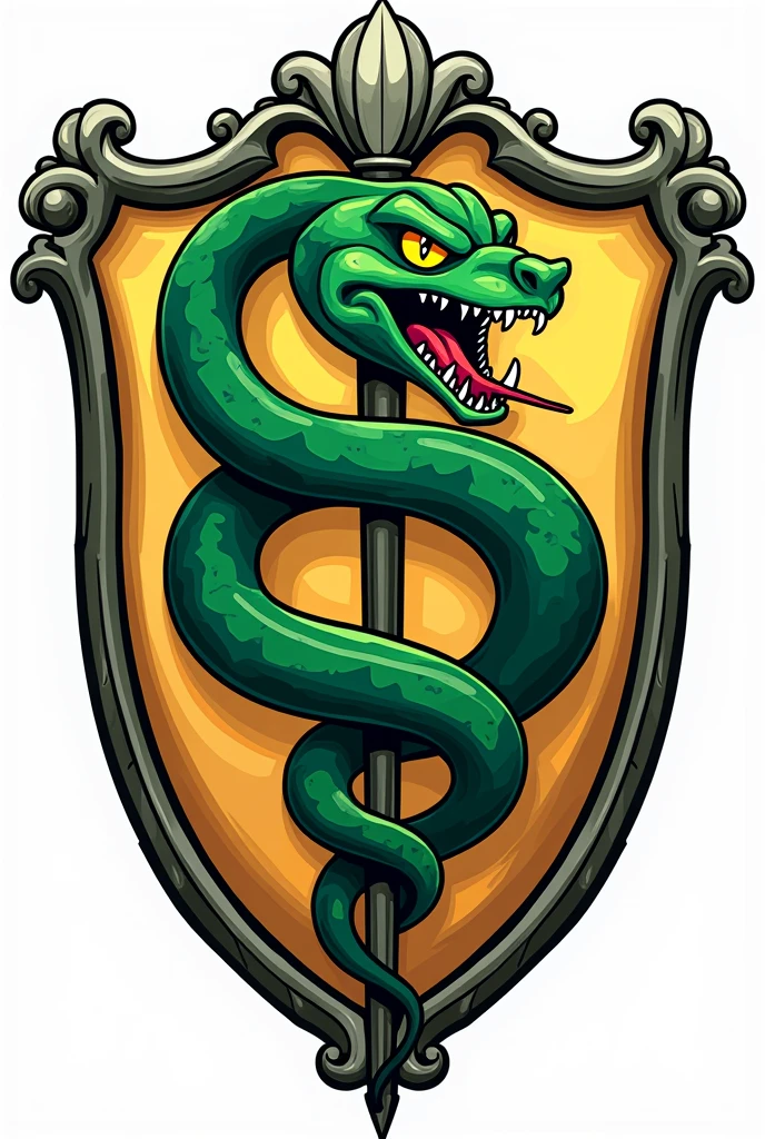 Create a PNG Shield Logo, Heraldic Coat of Arms Medicine, Asclepius rod (can't have wings)
Aggressive snake Green and gold tones with white and black details Cartoon style
