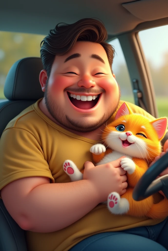 A cat with his chubby dad in car and smiling 