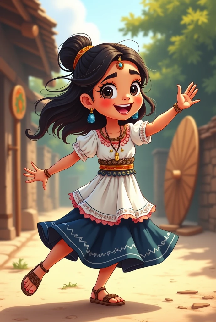Cartoon drawing of a female child wearing a typical white and dark blue Indian dress and a long Salvadoran shield, jute sandals and El Salvador dancing and a scapular  