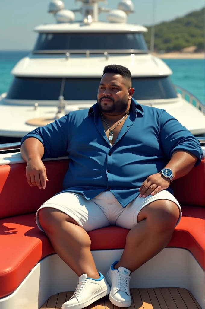 "An overweight man with a rich, medium to dark brown skin tone, 175cm tall, 125kg, with thick, defined eyebrows, full lips, short black hair, and small hands. He is sitting on a luxurious yacht. The man is wearing a loose, deep blue shirt that matches the shade of the blue provided in the reference image, white shorts that match the white leather Alexander McQueen oversized sneakers. He also has a silver necklace with a small rectangular blue gemstone pendant and a Patek Philippe Nautilus watch with a blue platinum dial. The setting is luxurious, with vibrant and rich colors, emphasizing an atmosphere of wealth and sophistication."
