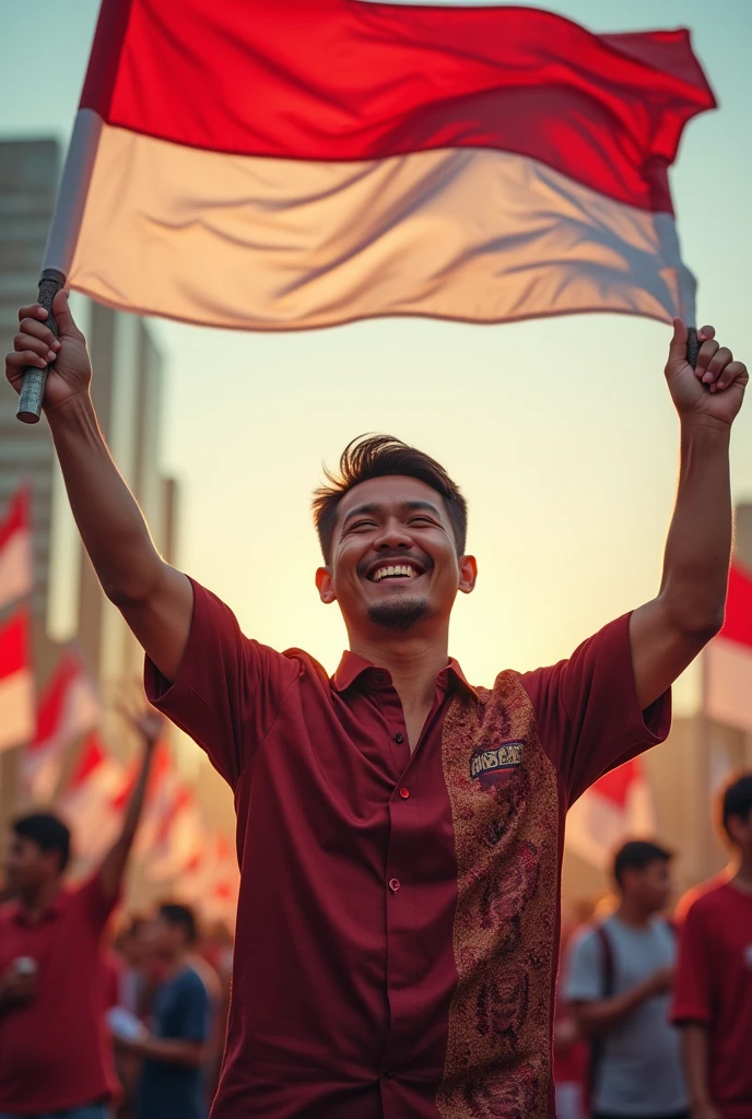 A man stands proudly smiling and holding an Indonesian flag