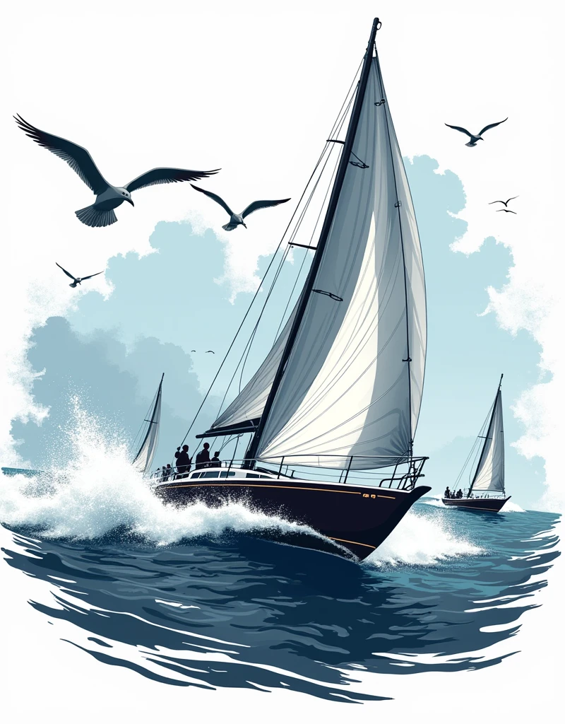 Design a dynamic and energetic regatta scene, with a sleek racing sailboat cutting through the waves at high speed. The boat's sails are taut, capturing the wind with precision, and marked with racing numbers or insignia for added authenticity. The water beneath churns with sharp, crisp lines to indicate speed and power, with splashes of ocean spray rising against the hull. In the background, hints of other sailboats competing on the horizon can be seen, their sails angled competitively. Above, a few seagulls soar, adding a sense of motion and adventure. The overall design should convey the intensity and excitement of a regatta, with clean, sharp lines suitable for a bold, one-color screen print.