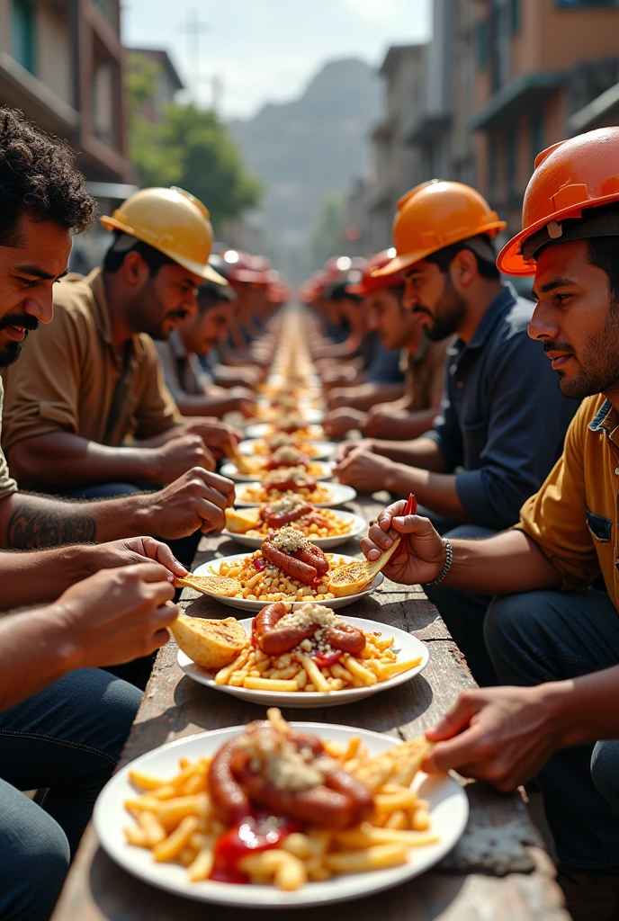 workers eating salchipapa