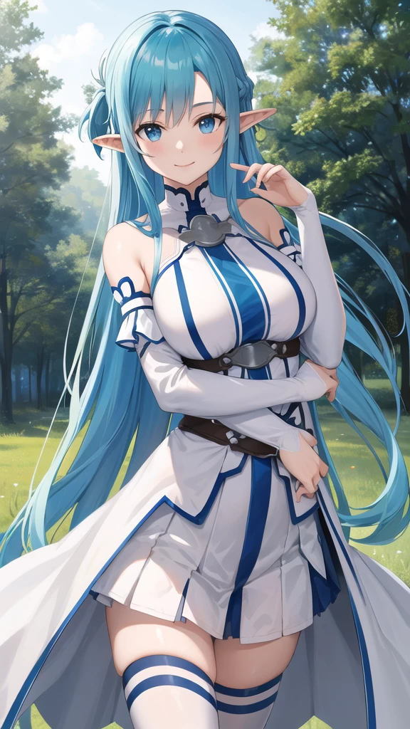 masterpiece, best quality, highres, bbasuna, long hair, blue hair, blue eyes, pointy ears, white dress, detached sleeves, blue thighhighs, standing, cowboy shot, outdoors, smile,