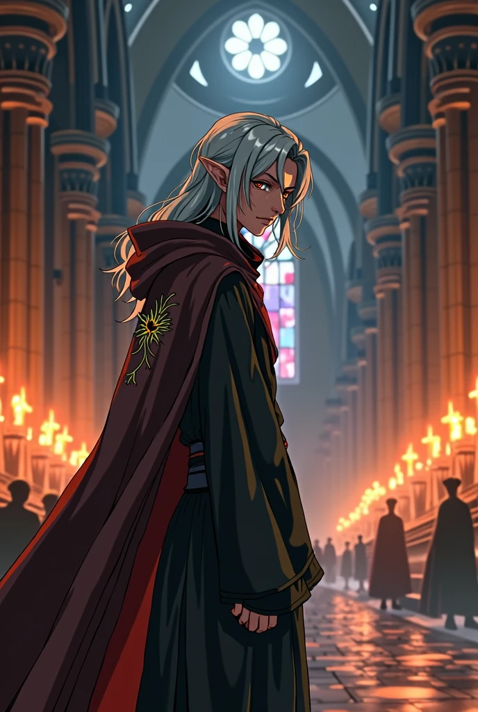 A young male elf with a bitter countenance, with long-length silver hair that shines in the moonlight, wearing dark-colored monk robes and a small drawing of a phoenix on his long brown cape, helping a sick person inside of a large medieval temple, lit by torches and red candles. Anime art style.