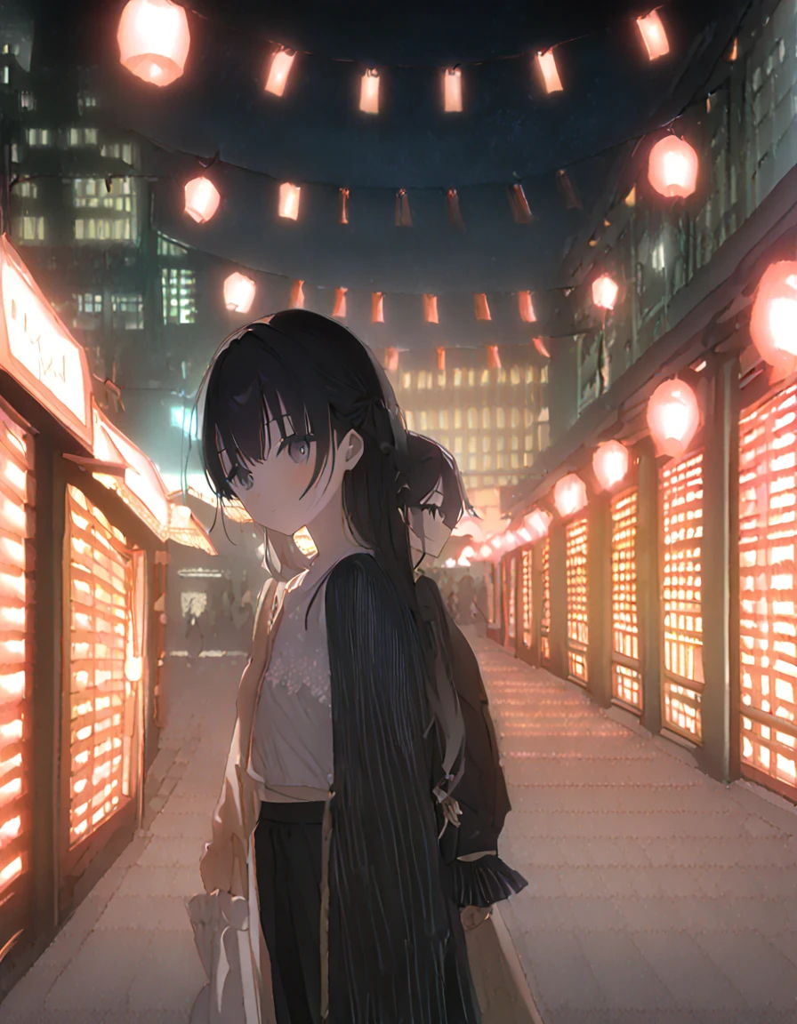 high quality illustration, 16k resolution, detailed, delicate lines, beautiful anime girl, looking up at sakura, nighttime cityscape, neon lights, spring season, pleasant temperature, happy expression, small frame, large chest, slim waist, fair skin, black hair, silky hair, simple outfit, white T-shirt, no accessories, stunning smile, beautiful, artistic, serene atmosphere, night sakura, glowing neon, intricate facial features, delicate eyes, captivating beauty, peaceful walk, night street, breathtaking contrast, artistic depth, emotional impact, MrKb,