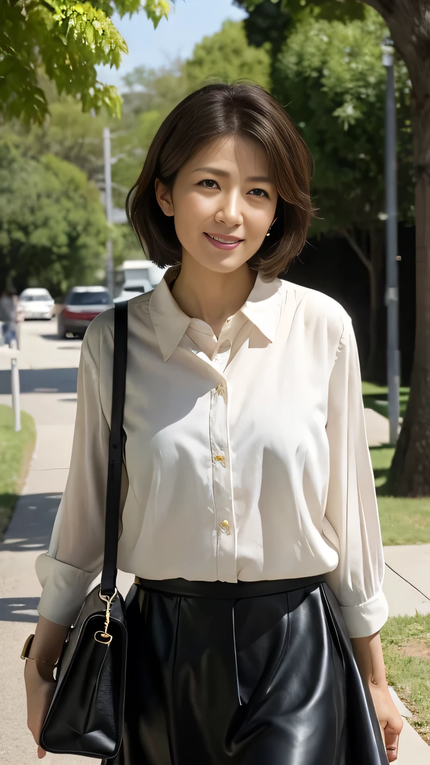 uhd, masterpiece, super detail, best quality, 16K, Cowboy Shot、Japanese Mother（40 years old）Photographs of the daily life of、
Bob Cut Hair、Brown Hair、
Casual yet elegant style。
Shiny white blouse、Shiny black leather long skirt、I&#39;m wearing pumps。
Smiling kindly。
I have an eco bag in one hand。
This is a scene of a walk in the shade at the entrance to a park where sunlight is streaming in.。