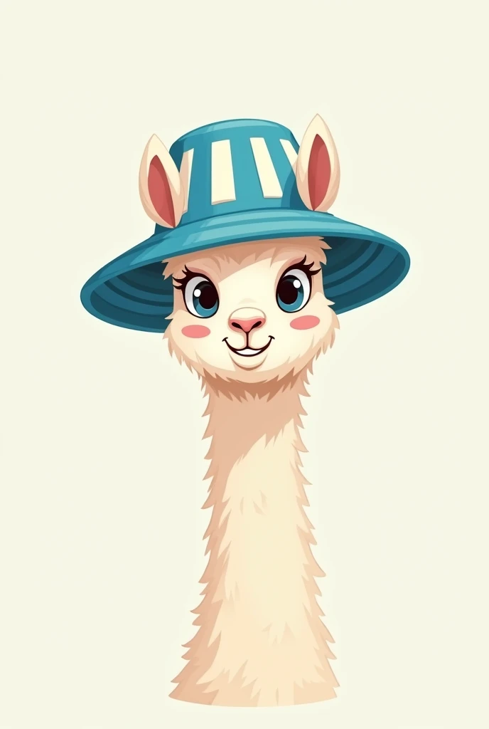llama wearing a stripped blue and white bucket hat with stripes going vertical and looks cartoonish only neck and up