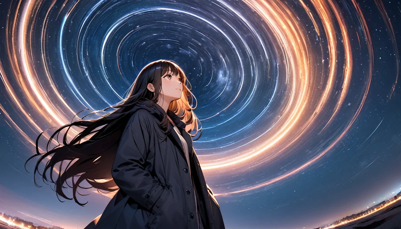 Many stars twinkling in a beautiful bright winter night sky, long exposure starry sky with many circular orbits, silhouette of a young woman with long hair with her hands in her coat pockets looking up at it, photo taken from long distance, photo from below