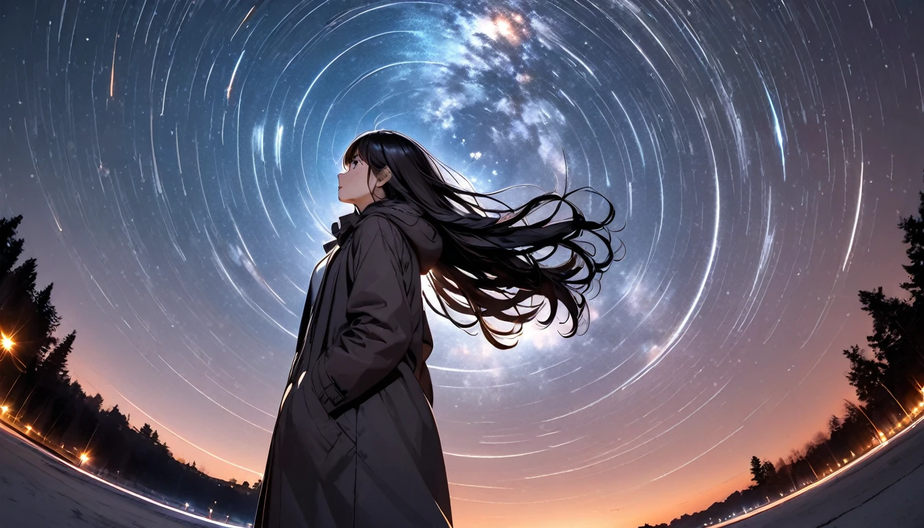 Many stars twinkling in a beautiful bright winter night sky, long exposure starry sky with many circular orbits, silhouette of a young woman with long hair with her hands in her coat pockets looking up at it, photo taken from long distance, photo from below