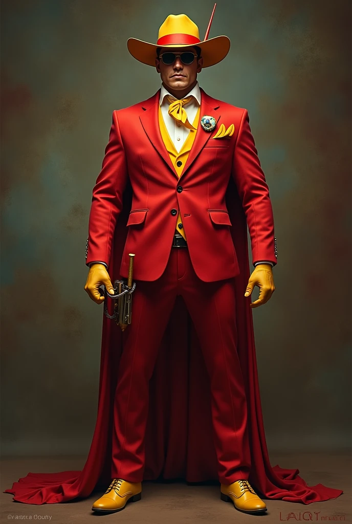 Imagine Chapulín Colorado almost realistically in his version as a heroic bodyguard. His red and yellow suit remains his trademark., But now he's wearing a smart suit. His antenna is hidden in his hat., and his heart carrying his great club better known as chipote with which he will defend the noble and brave world remains his greatest weapon. 🦸♂️🔴💛 Una imagen de la mejor calidad donde sea el héroe increíble el chapulín colorado