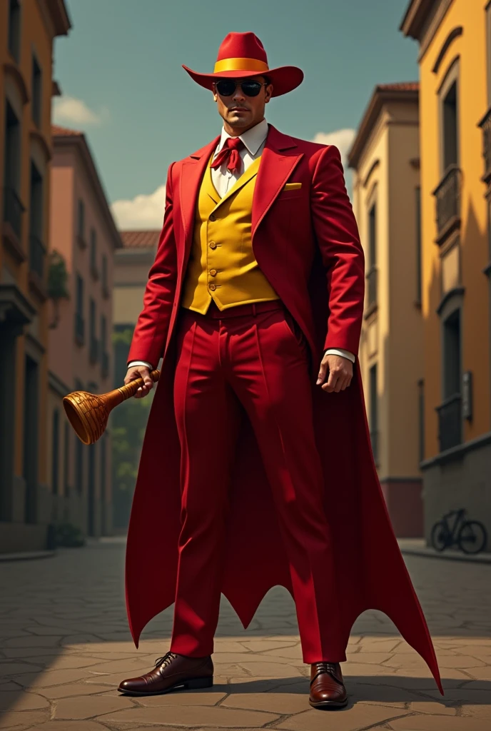Imagine Chapulín Colorado almost realistically in his version as a heroic bodyguard. His red and yellow suit remains his trademark., But now he's wearing a smart suit. His antenna is hidden in his hat., and his heart carrying his great club better known as chipote with which he will defend the noble and brave world remains his greatest weapon. 🦸♂️🔴💛 Una imagen de la mejor calidad donde sea el héroe increíble el chapulín colorado