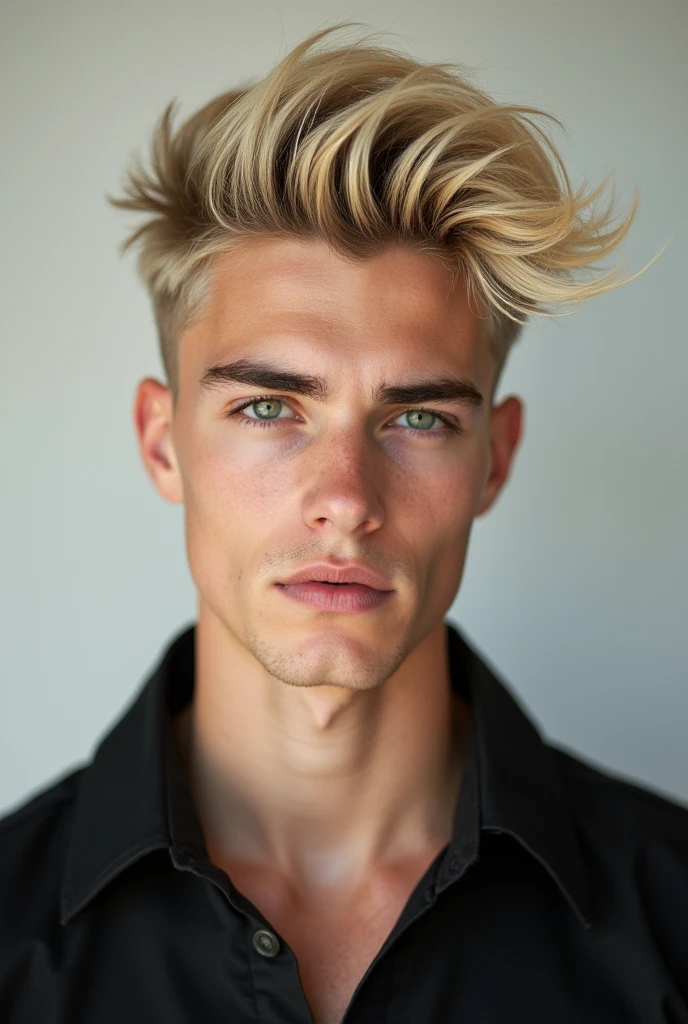 Model boy with blonde hair is styled in a modern and trendy manner, with a voluminous top that is swept to one side and slightly textured. The sides are closely trimmed, creating a contrast with the longer hair on 
