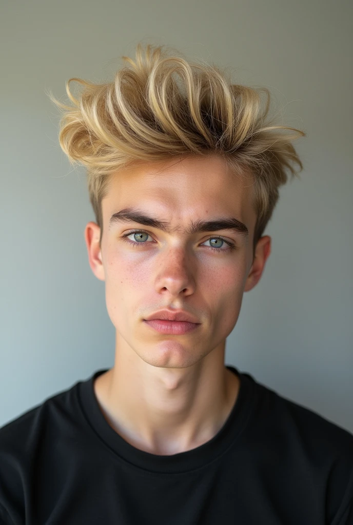 Model boy with blonde hair is styled in a modern and trendy manner, with a voluminous top that is swept to one side and slightly textured. The sides are closely trimmed, creating a contrast with the longer hair on 
