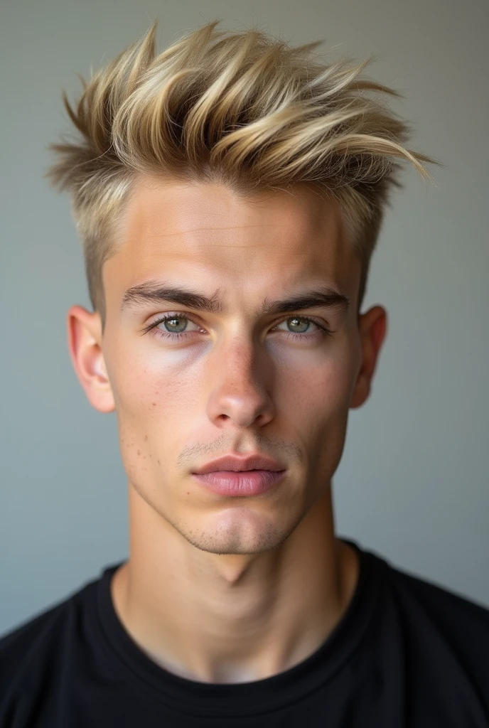 Model boy with blonde hair is styled in a modern and trendy manner, with a voluminous top that is swept to one side and slightly textured. The sides are closely trimmed, creating a contrast with the longer hair on 
