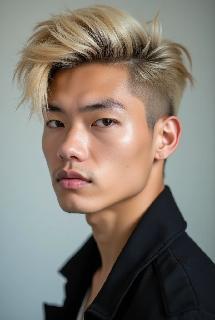 Model boy with blonde hair is styled in a modern and trendy manner, with a voluminous top that is swept to one side and slightly textured. The sides are closely trimmed, creating a contrast with the longer hair on 
