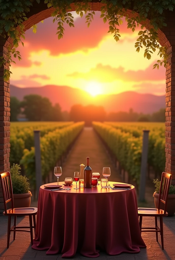 Create a realistic sunset winery backdrop with a table in the spotlight, blurred and realistic background 