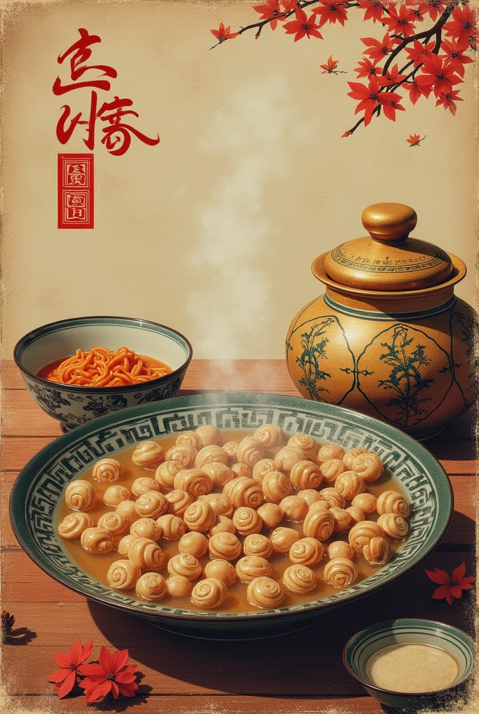 Affiche ancienne sépia usée. Cuisine. Assiette aux couleurs chinoise avec à l'intérieur pleins de petits escargots sans coquille dans une soupe claire. Plats typiquement coréen. Avec un bocal avec couvercle doré et étiquette rouge titré depuis 1952 en écriture chinoise. Couleurs ternes sépia usé.