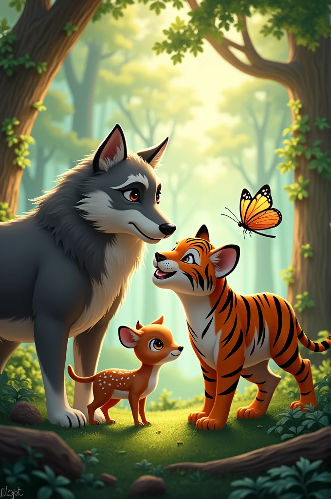 A young tiger, a wolf, a butterfly, a dragonfly and a fawn happily in a forest