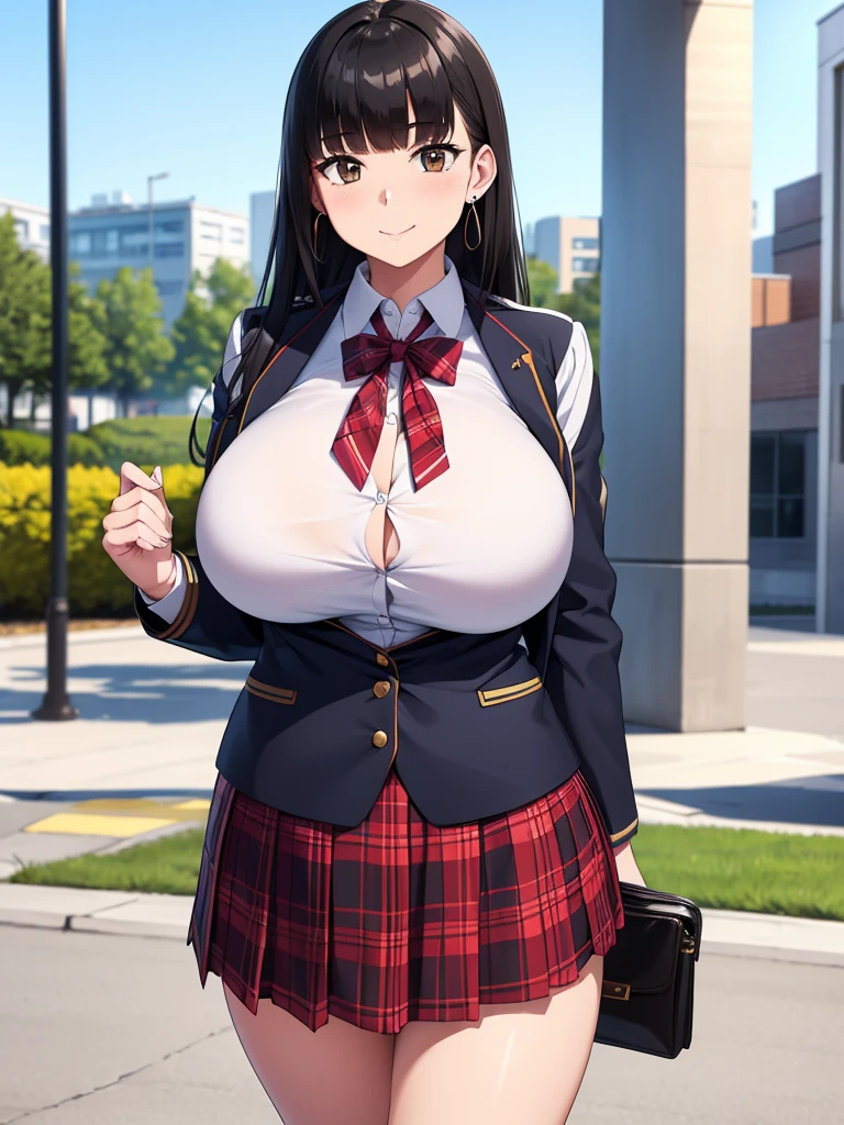 (best quality,4k,8k,highres,masterpiece:1.2), ultra-detailed, UHD, studio lighting, ultra-fine painting,sharp focus, physically-based rendering, extreme detail description, professional, vivid colors, bokeh, sexy woman, huge breasts, large breasts, curvy, voluptuous, black hair (straight bangs), brown eyes, long hair, female high school uniform, high school short plaid skirt, earrings, smile, standing, solo focus, high school, outdoors