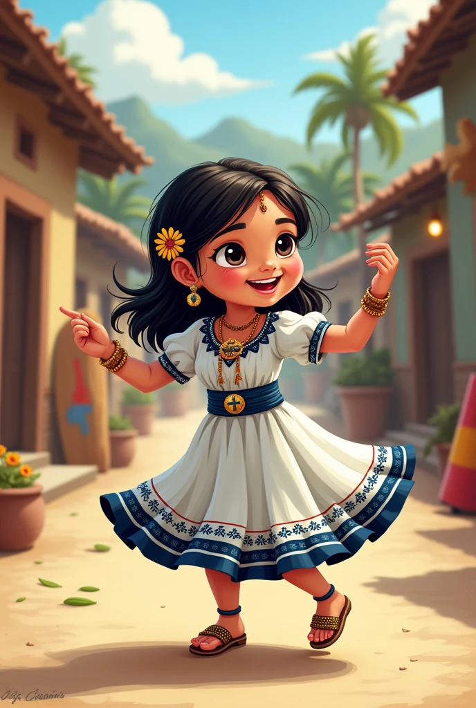 Cartoon drawing of a female child wearing a typical white and dark blue Indian dress and a long Salvadoran shield, jute sandals and El Salvador dancing and a scapular