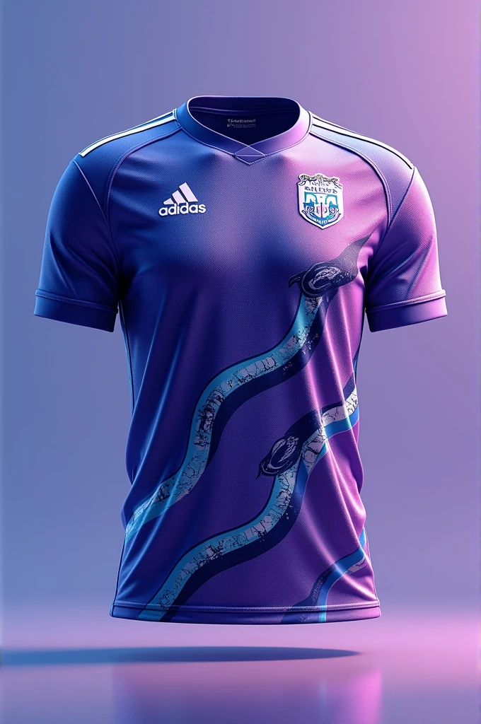 Create an image of an interclass jersey Team name Torra-Torra FC With a snake Color purple and blue 