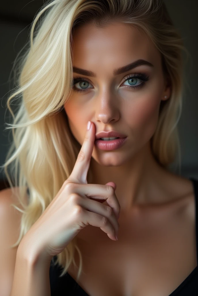 A single sexy 2 blonde with a finger raised up really close to her face so as not to hide her face to show a future URL link