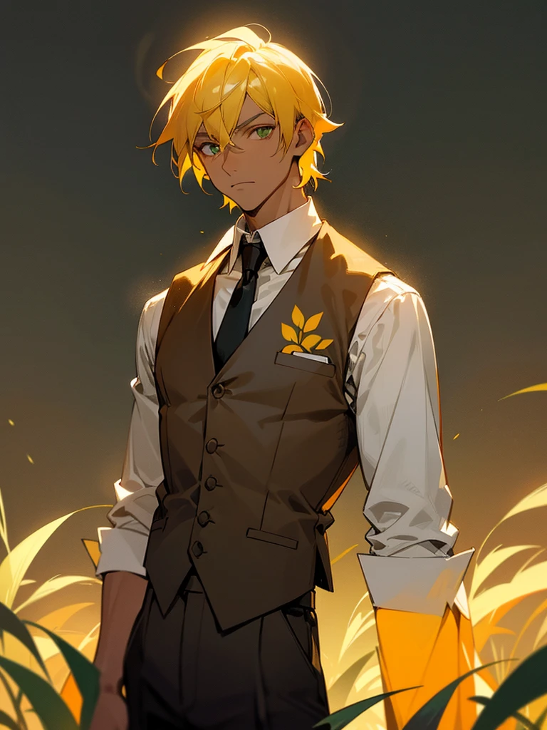 A man with slightly tanned skin, not too much, yellow hair with the hair on the nape of the neck a little orange, bright grayish green eyes. A white shirt rolled up, a grey vest and black tie, with sun print. With the background of a field at night